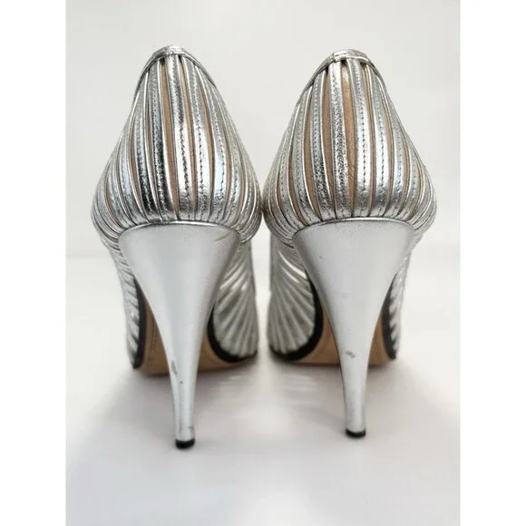 Gucci Silver Leather Heels Laser Cut Stripe Metallic Y2K Vintage Sz EU 36.5C 6.5 - Picture 7 of 10